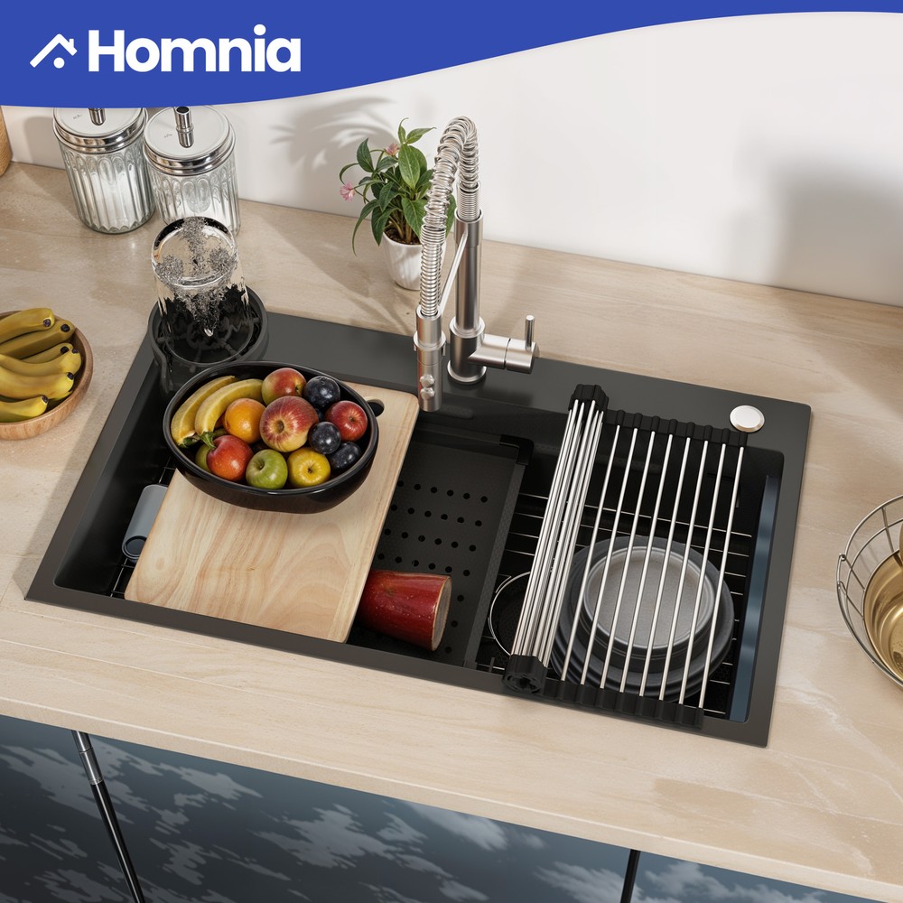 Black Stainless Steel Drop-In Kitchen Sink with Multi-Tier Cutting Board and Single Bowl