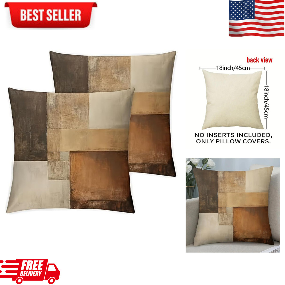 Set of 2 Brown Geometric 18X18 Inch Decorative Throw Pillow Covers...