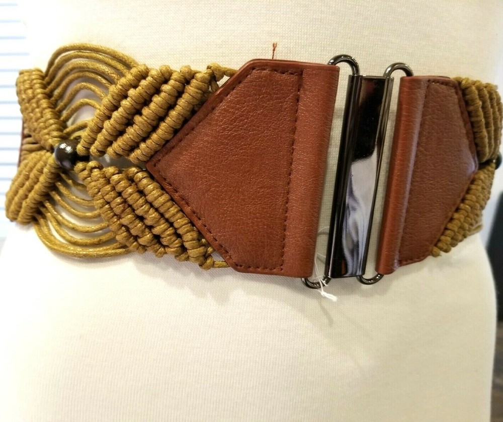 Women's Brown Camel Elastic Waist Belt with Beads & Woven Design - Sizes S M