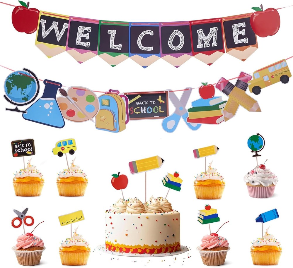 Colorful Back to School Banner Set with Cake Topper and Copper Accents Pre-Strung Welcome Decor-image