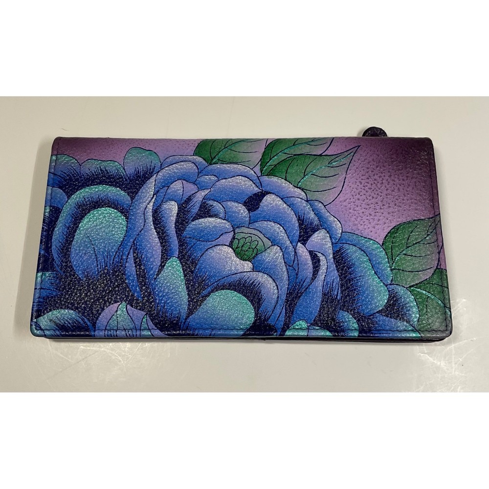 Anuschka Hand Painted Leather Slim Wallet Purple Blue Floral Bifold Clutch peony