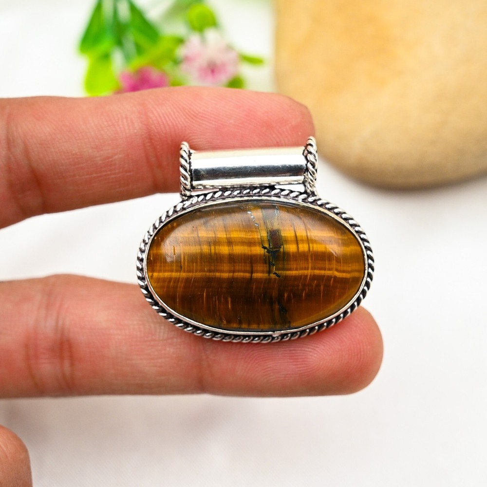 Natural Tiger Eye Gemstone Pendant 925 Sterling Silver Handmade Jewelry For Gift