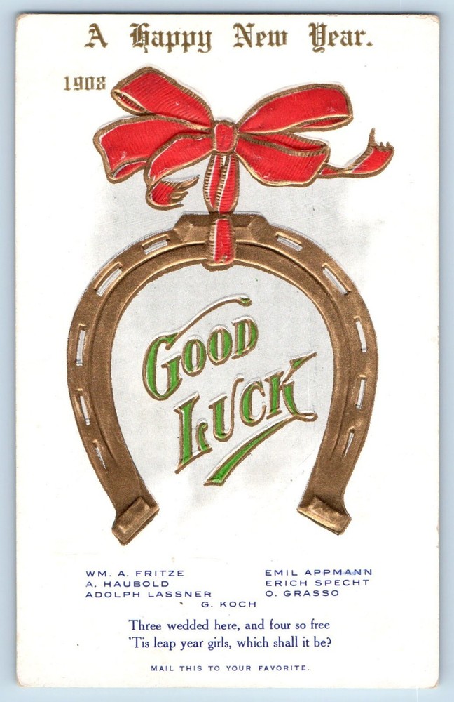 New Year Postcard Good Luck Hanging Horseshoe Embossed c1905 Posted Antique-image