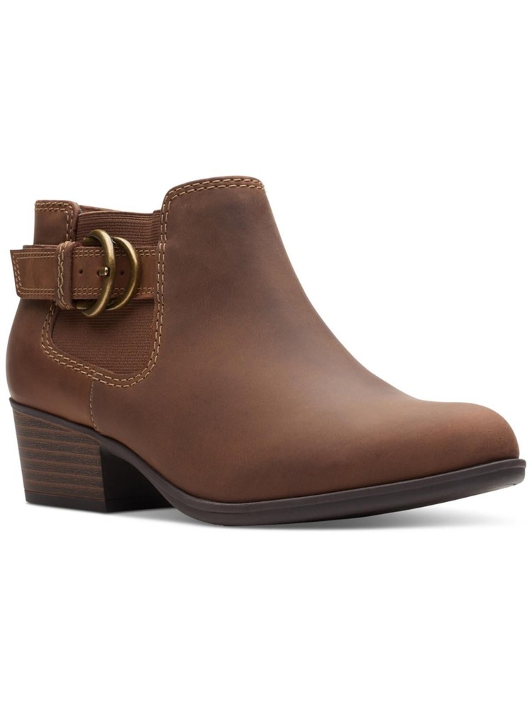 CLARKS Womens Brown Button Adreena Field Toe Block Heel Leather Booties 5 M