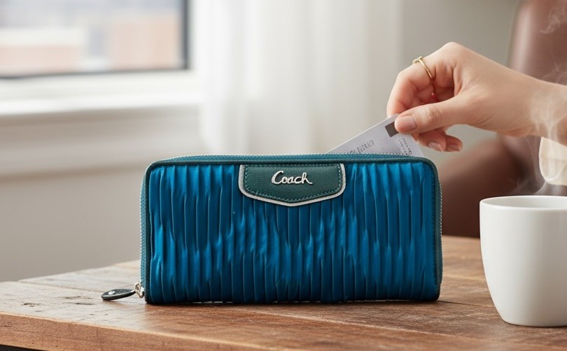 Coach Ashley Gathered Zip Around Wallet TEAL Satin