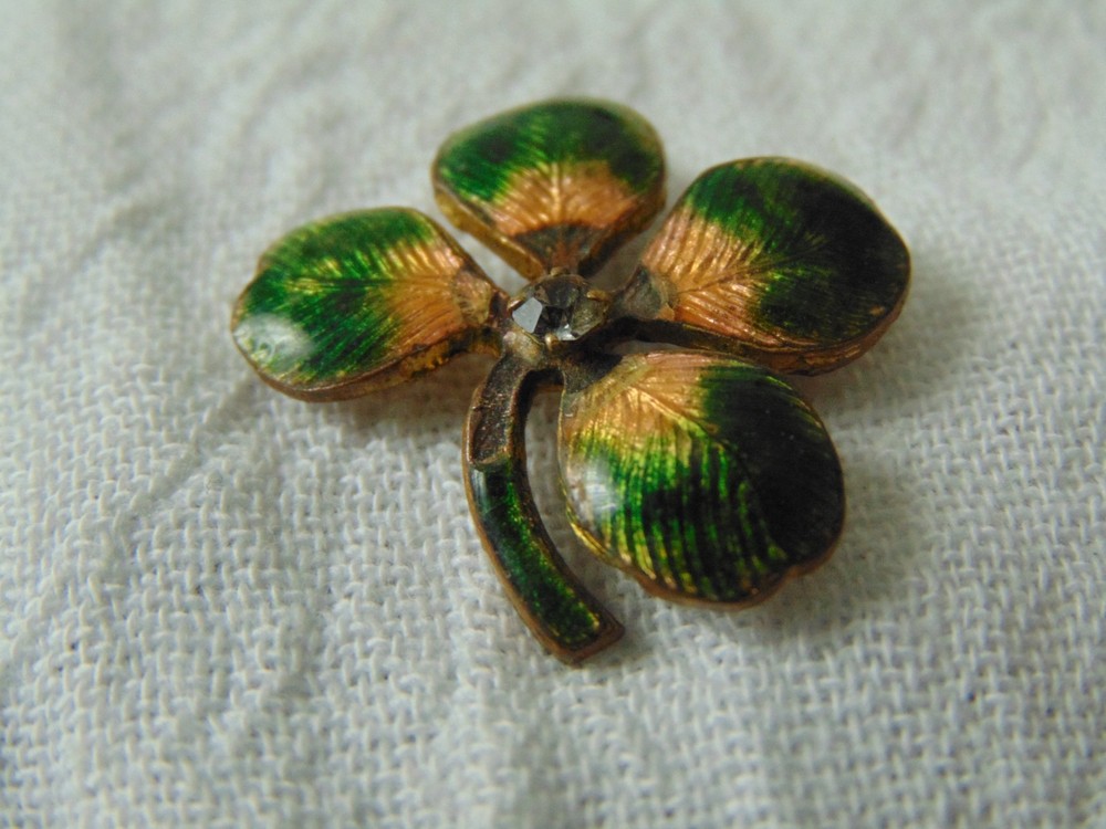 vintage antique guilloche enamel four leaf clover pin