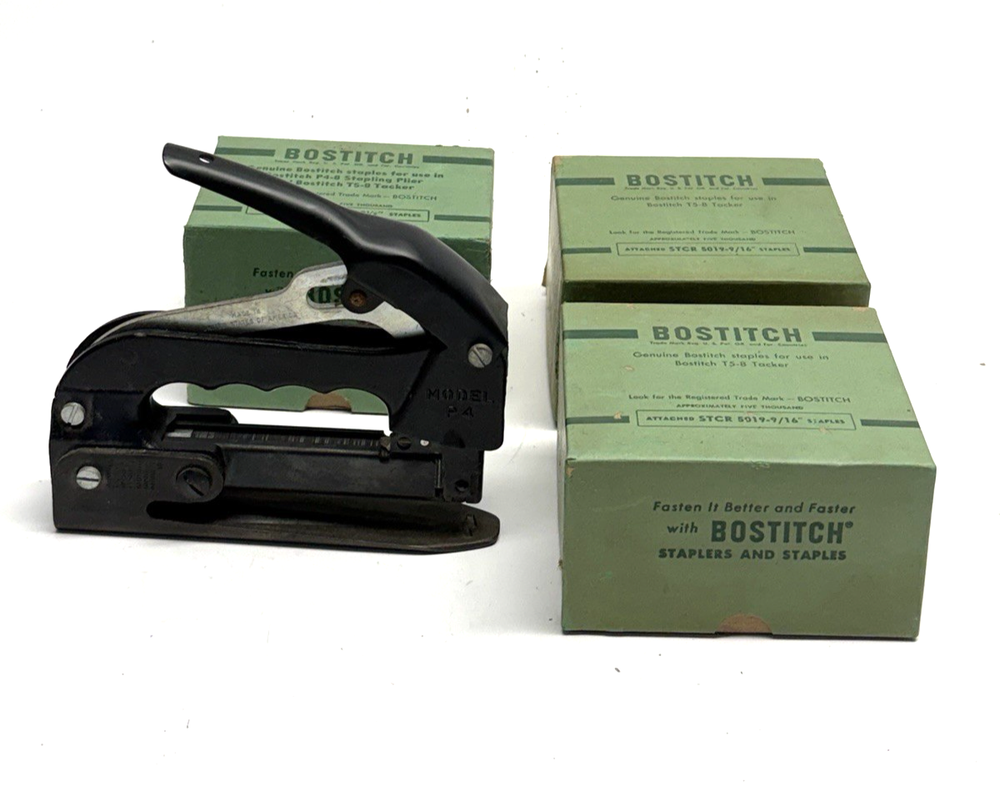 Vintage Black Bostitch Model P4 Stapler Stapling USA w/ 3 Packs of Staples