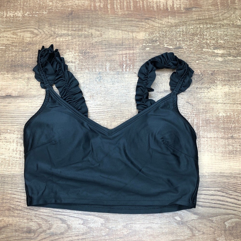 Aerie Ruffle Longline Scoop Bikini Swim Top Size XS Black NWT