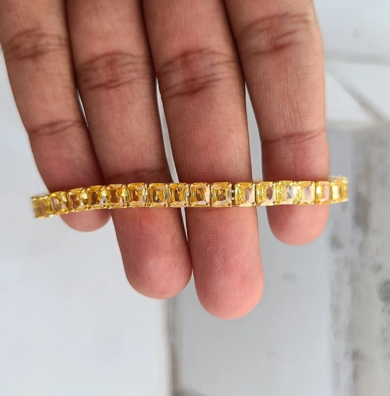 17Ct Radiant Cut Yellow Sapphire Tennis Bracelet for Women in 14K Gold Plated Finish