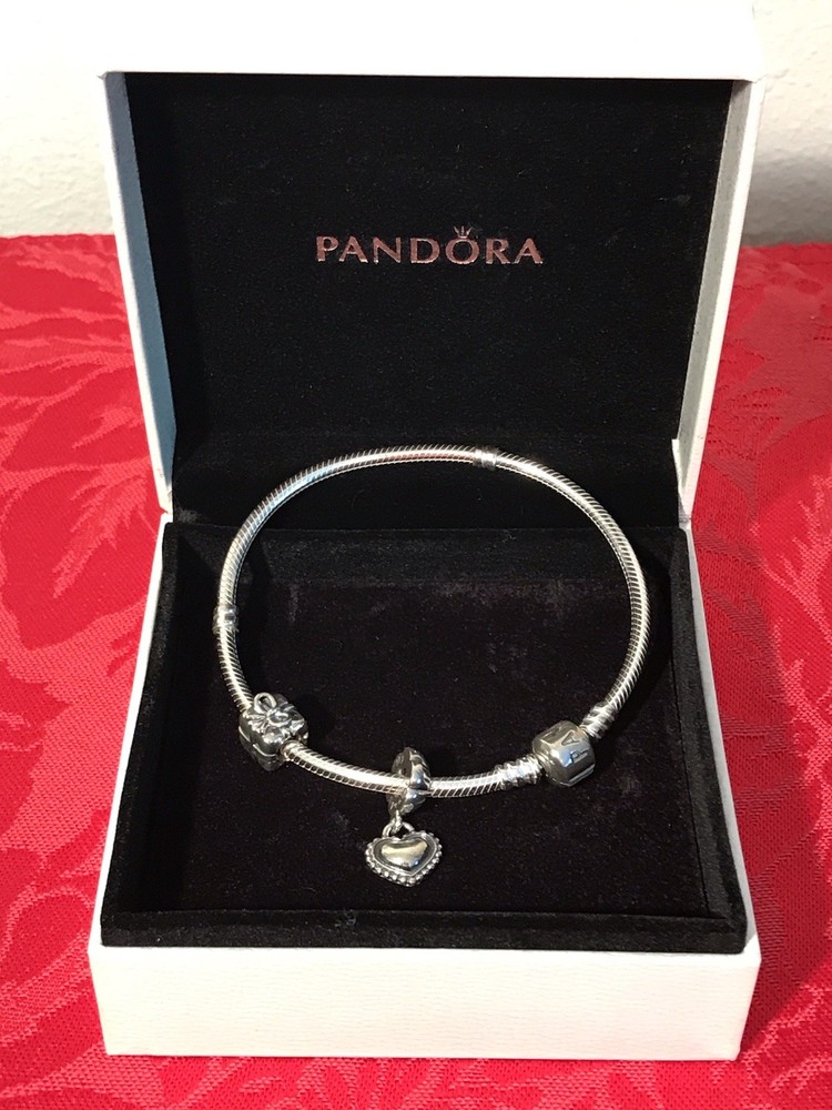 Pandora 925 Silver Snake 8” Bracelet & 2 Charms Sister Heart Present Gift Charm