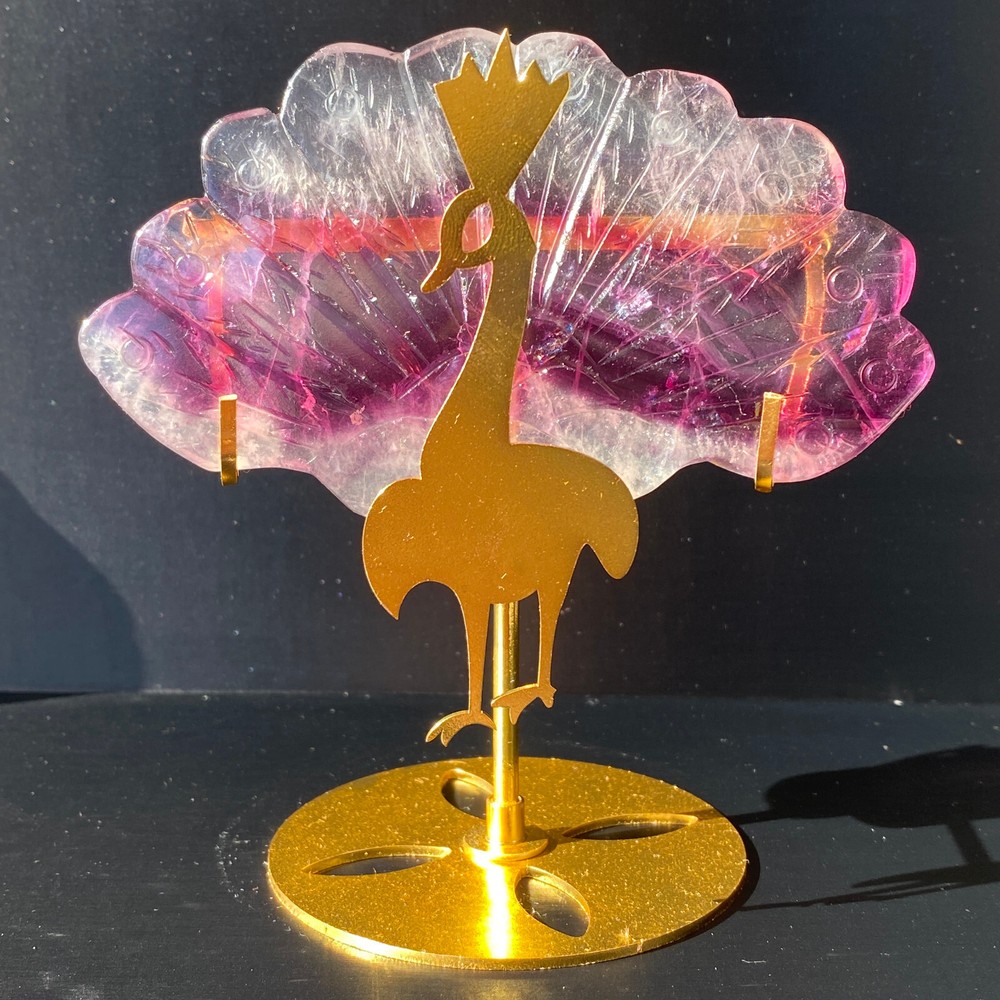 244g Natural fluorite Peacock Quartz Crystal carved skull Reiki Decor + Stand