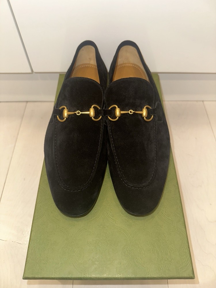 Gucci Mens Jordaan Black Suede Loafers EU 42 US 8.5-9 New