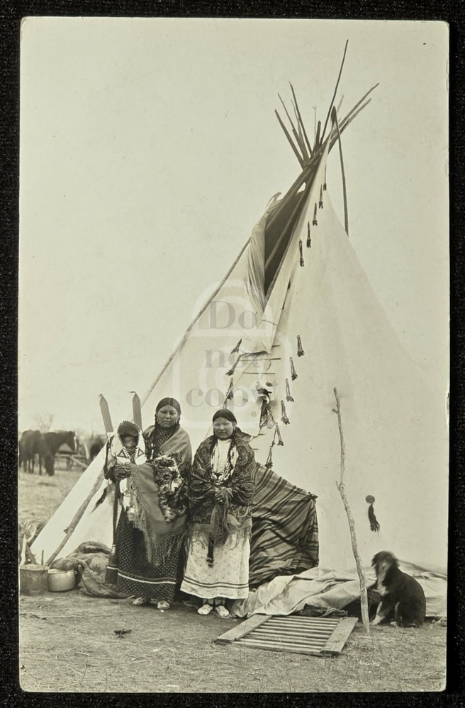 Incredible RPPC Plains Indian Family Next to Tepee. C 1910's. Beaded Cradleboard
