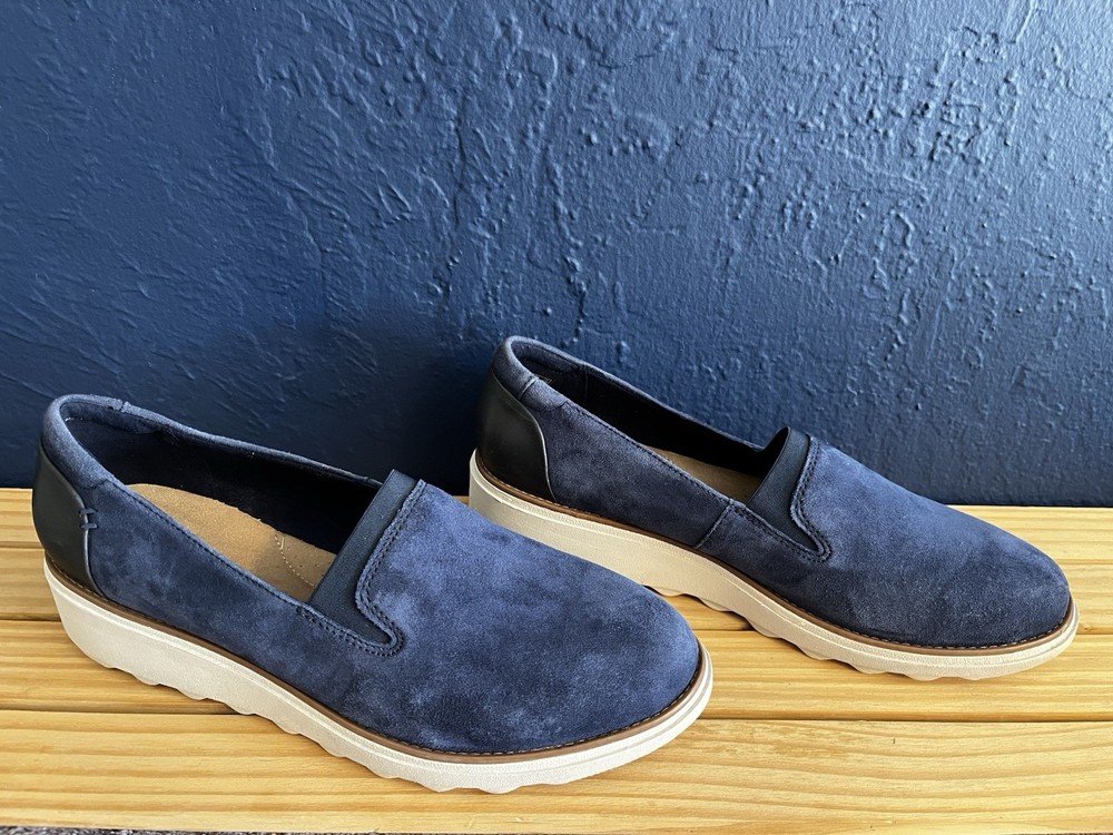 Clark's Dark Blue Suede Sharon Dolly Slip-On Shoes Women's Size 9.5