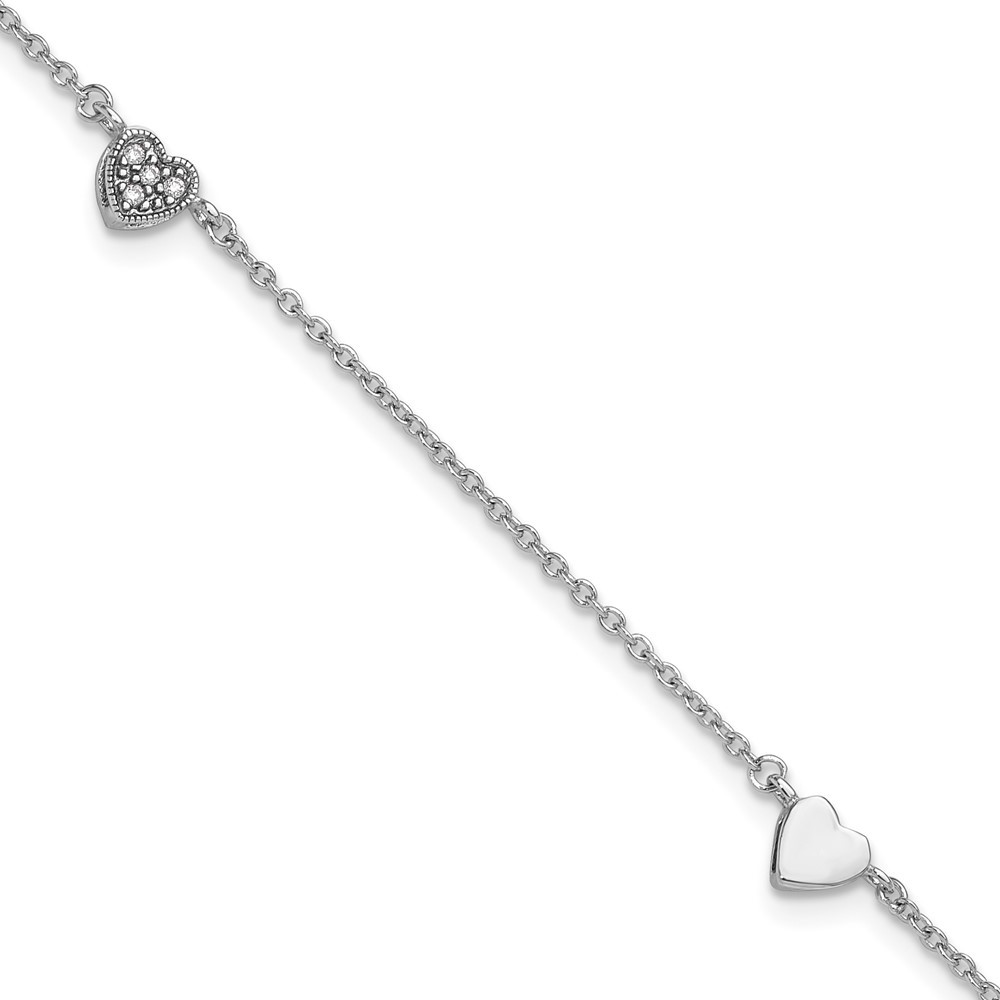 Sterling Silver Rhodium Plated CZ Heart Anklet 9 Inch with 1 Inch Extender 2.88g
