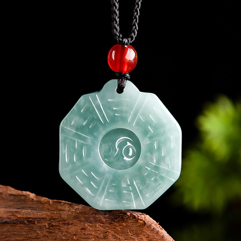 Natural Emerald Jade Blue Water Tai Chi Eight Trigrams Jade Pendant Men Women