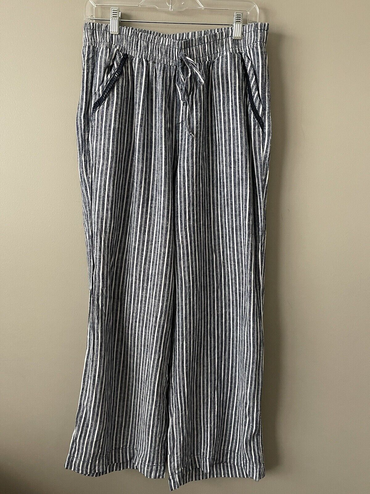 BRIGGS Ladies' LARGE Blue Striped Linen Blend Pull-On Wide Baggy Leg Pants