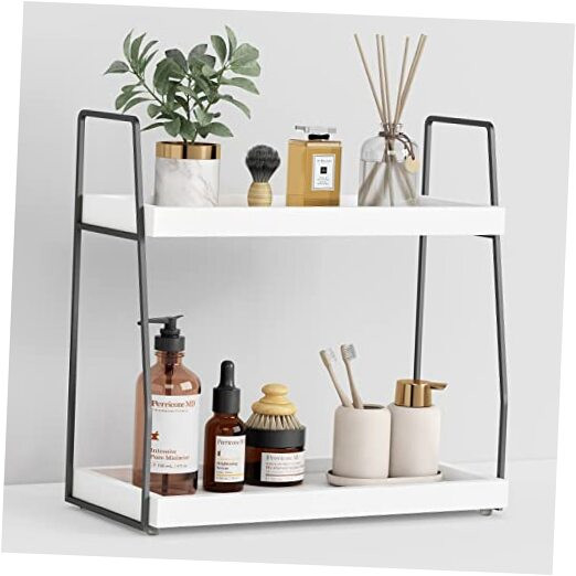 Art Deco 2-Tier Wooden and Metal Bathroom Counter Organizer with 2 Shelves  