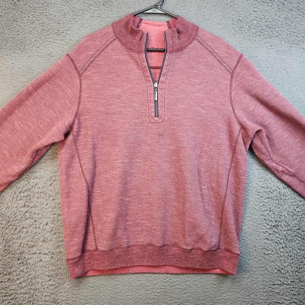 Tommy Bahama Sweater Mens Large Red Quarter Zip Pullover Marlin Logo Casual