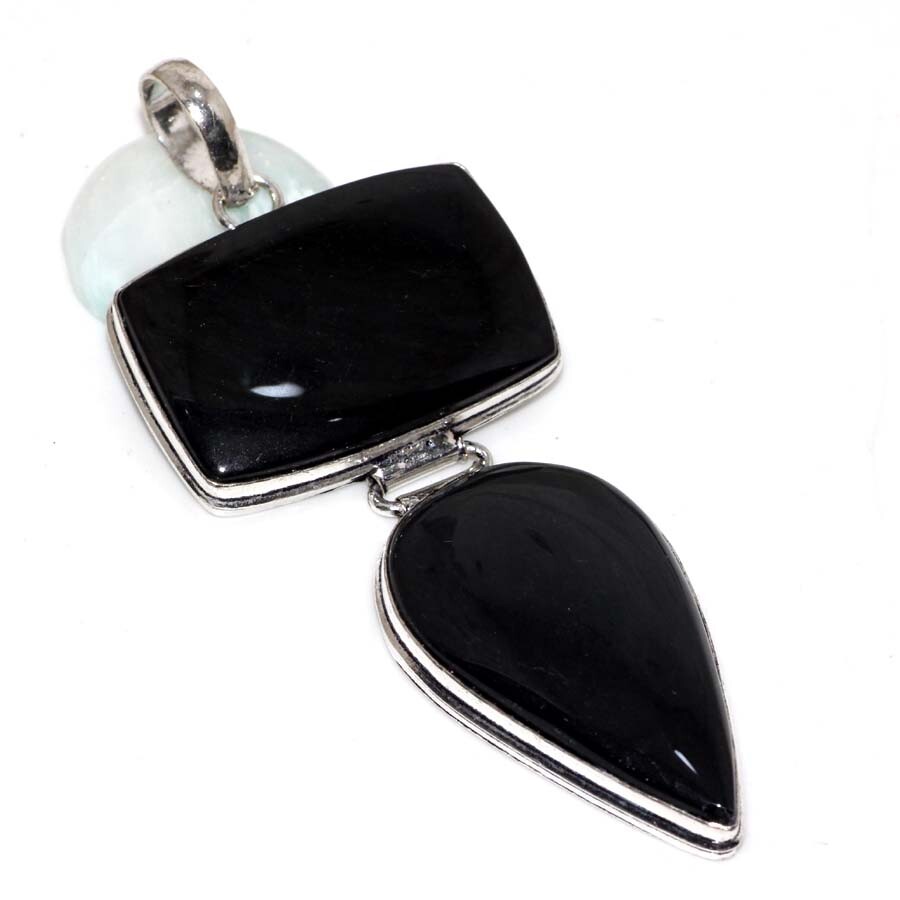925 Silver Plated-Black Onyx Ethnic HandmadeLong Pendant Jewelry 3.4
