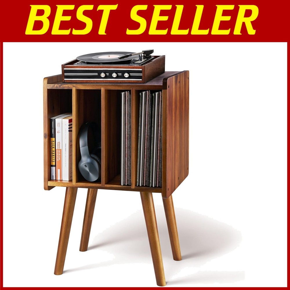 Vintage Acacia LP Stand with 4 Storage Cabinets Holds 100 Vinyl Records & Doubles as Display Table