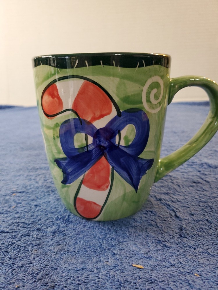 Studio 33 Christmas Candy Cane with bow  Large 24oz Hand Painted Mug Cup