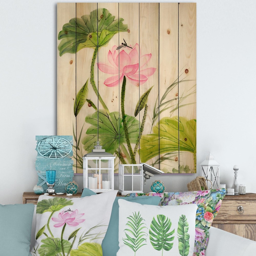 Designart 'Single Vintage Lotus Flower With Green Leaves'