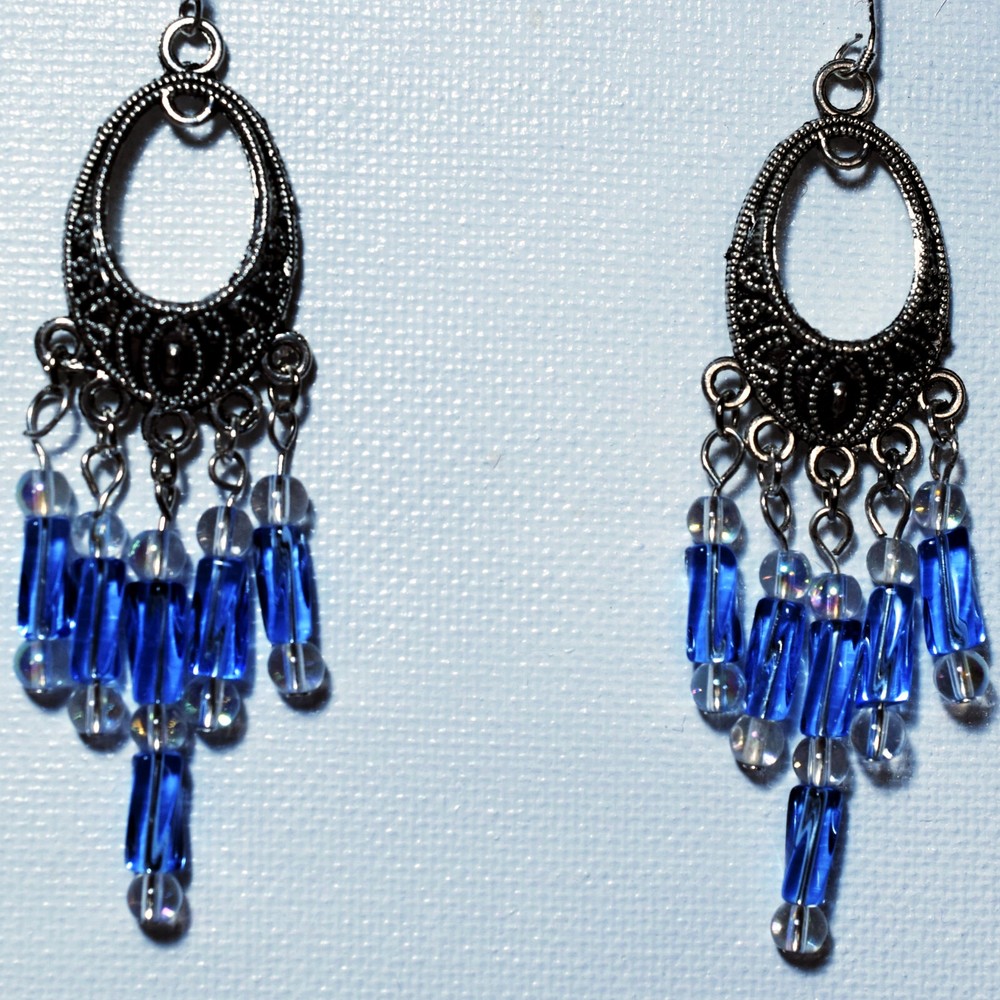 Earrings Blue Twisted Tube Beads on Tibetan Silver Chandeliers  CLEARANCE  SALE-image