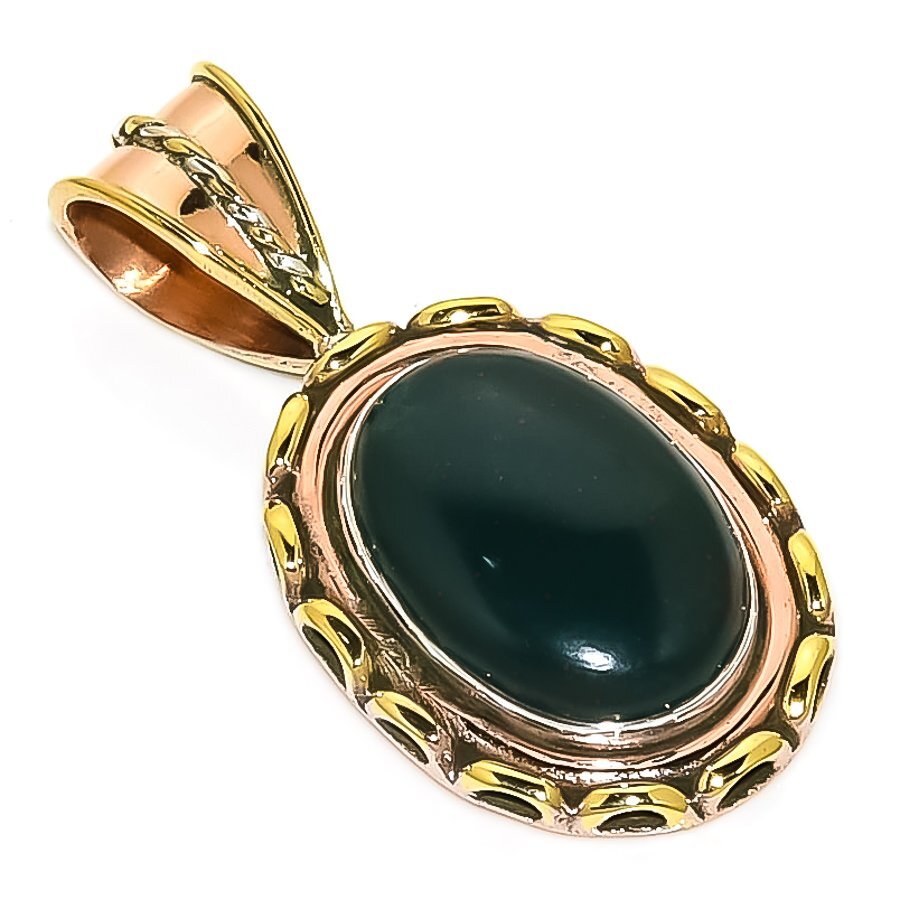 Natural Bloodstone Gemstone Two-Tone 925 Sterling Silver Pendant 1.5 Inch
