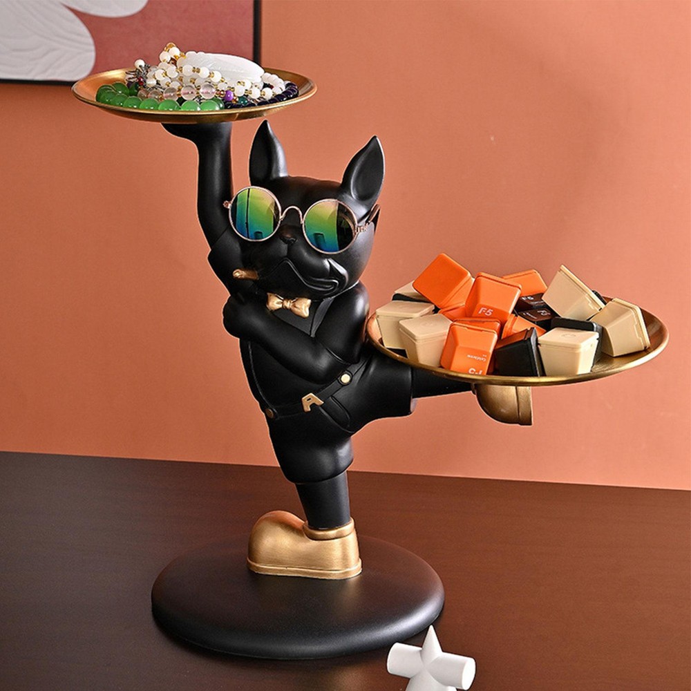 Resin French Bulldog Ornaments with 2 Tray Dog Statue Decor for Cake Biscuit Key