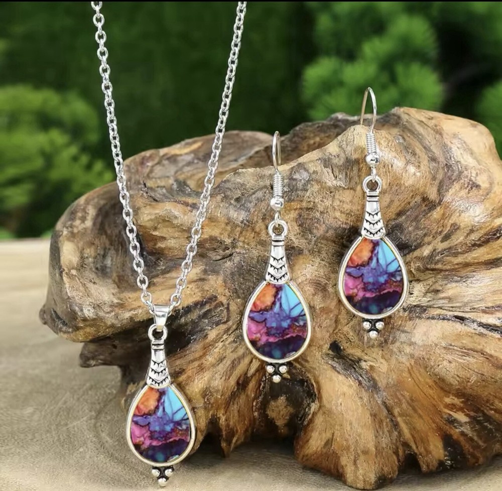 Retro Waterdrop Earrings & Necklace Set Fashion Earring Silver Chain Multicolor