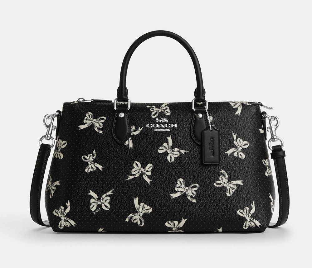 NWT Coach Georgia Satchel Bag Black Mult Bow Print Coated Canvas Leather CAA76