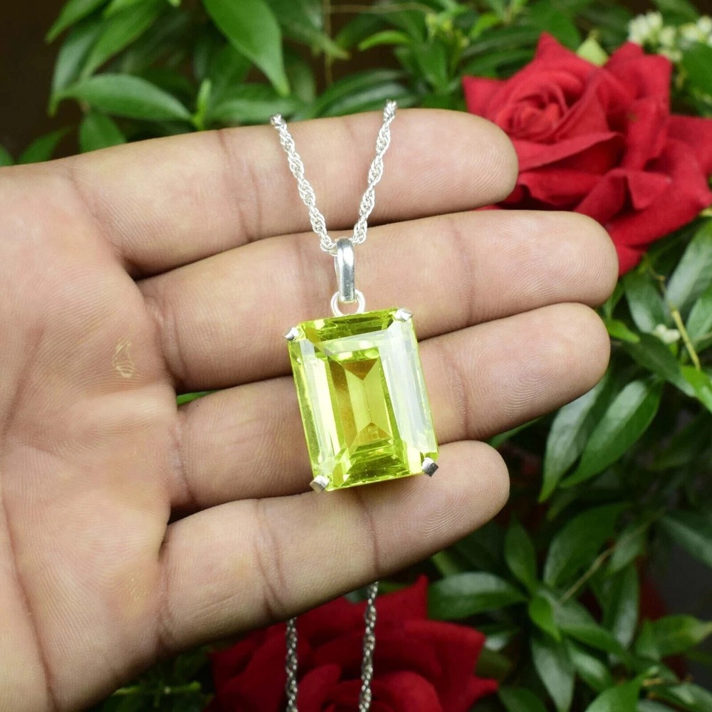 60 Ct Natural Lemon Zircon Pendant 925 Sterling Silver Emerald Gemstone Jewelry
