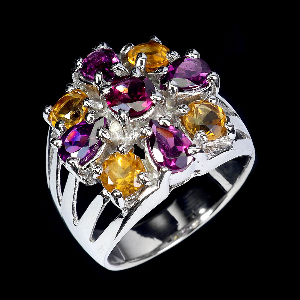 925 Sterling Silver Pear Rhodolite Garnet Citrine Natural Gemstone Ring