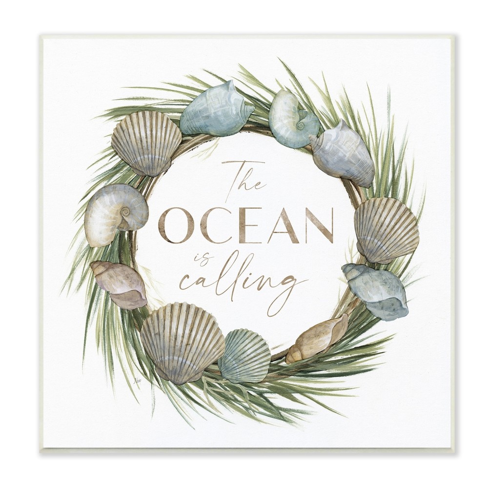 Stupell Ocean Is Calling Quote Botanical Wreath Seashells Design Wood Wall Art