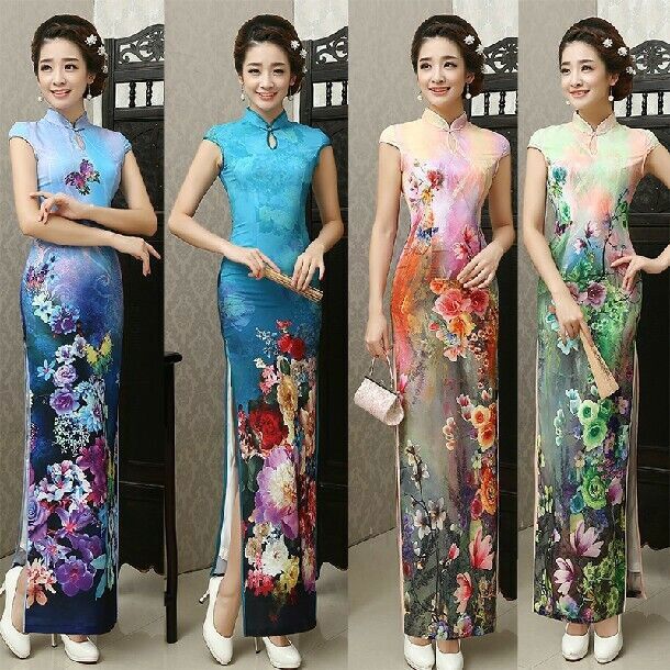 Chinese Traditional Long Cheongsam Women Modal Dress Ball Gown Size M-4XL