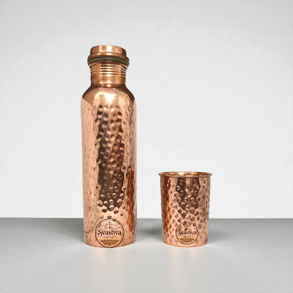 Svashva Pure Hammered  Copper Water Bottle & Cup Set Ayurvedic Health Drinkware