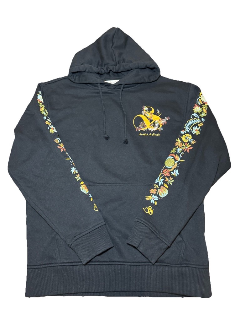 Scotch and Soda Relaxed Fit Fleece Graphic Pullover Hoodie Black Men Size Small