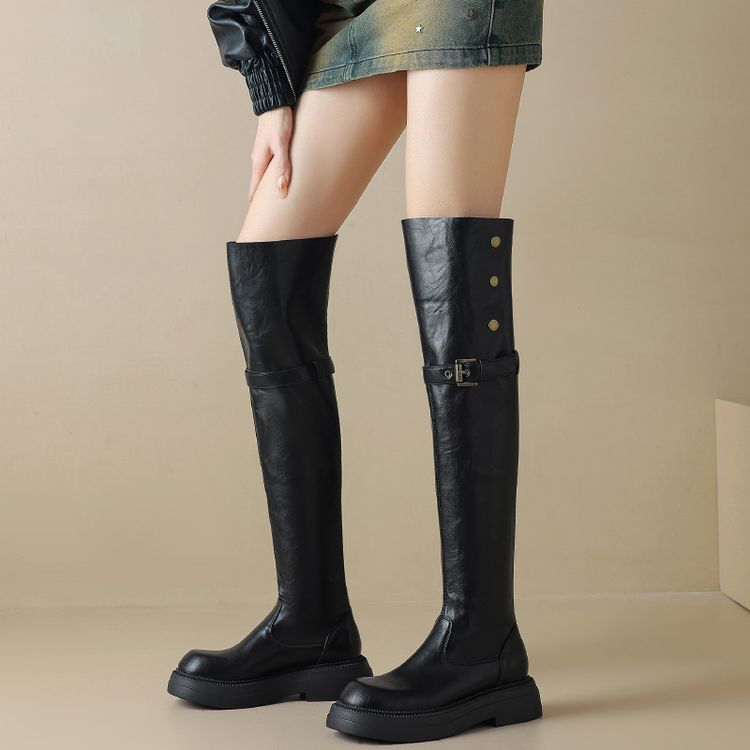 Womens Knee High Boots Leather Buckle Round Toe Chunky Heels Riding Casual Boots