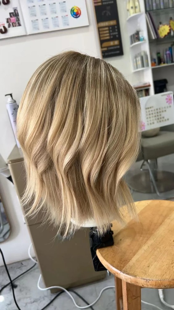 Short Bob Wave Ash Beige Blonde Highlight 100% Human Hair Lace Front Wig