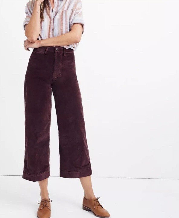 Madewell Emmet Wide-Leg crop Pants in Velveteen Size 27 Burgundy culottes velour
