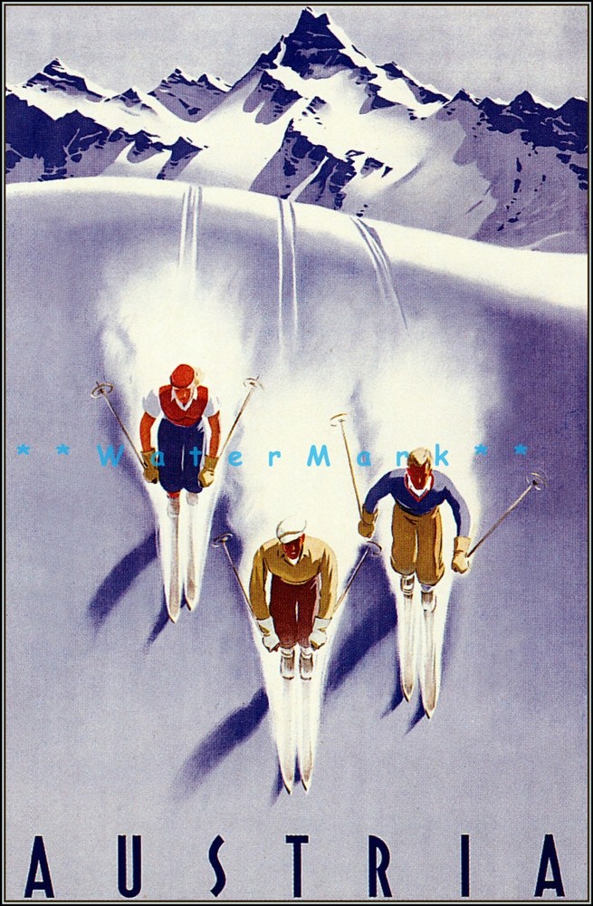 Ski Austria 1950 3 Skiers Vintage Poster Print Retro Winter Snow Sports Travel