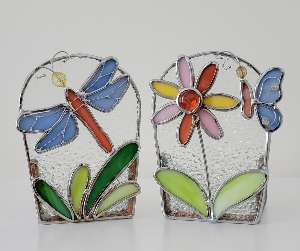Set Of 2 Yankee Candle Stained Glass Tealight Holder Daisy Butterfly & Dragonfly