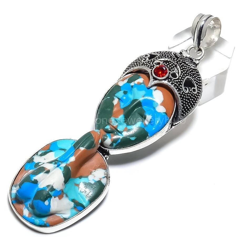 Christmas Deal Mosaic Jasper Stone Garnet Sterling Silver Sister Ethnic Pendant