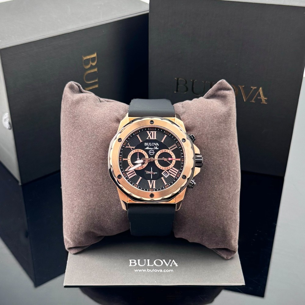 Bulova Marine Star 44MM Black Chronograph Mens Watch with Silicone Strap 98B104