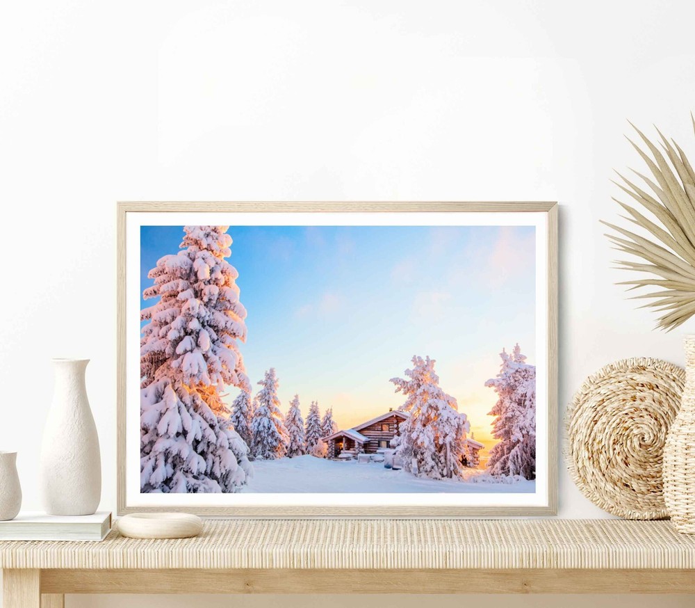 Wooden Hut & Snow Covered Trees Poster Premium Quality Choose your Size