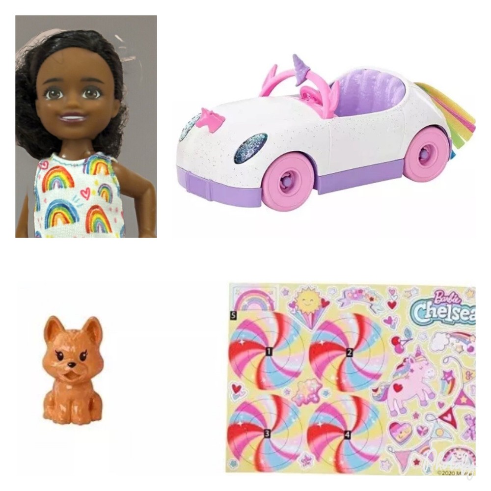 AA Barbie Chelsea Doll & Unicorn Toy Car Removable Dress Puppy and Sticker Sheet