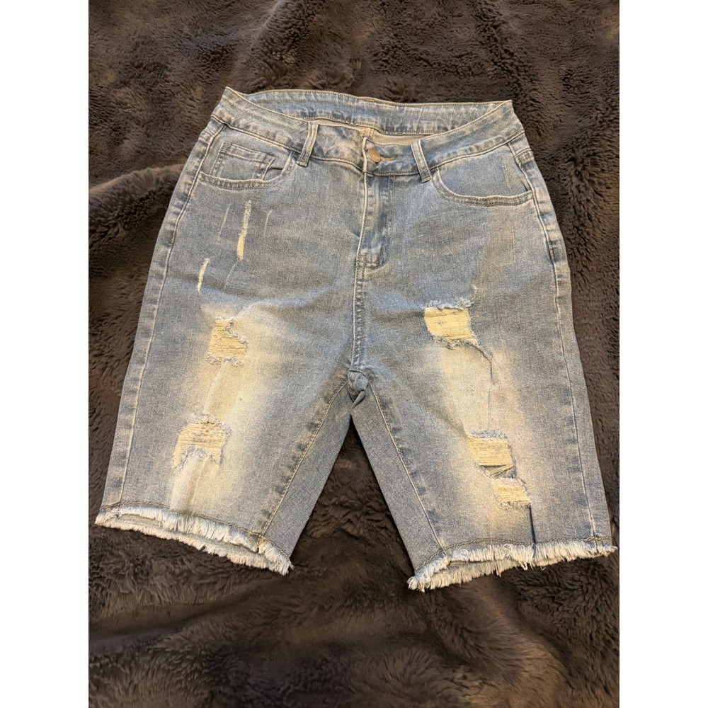 Womens Distressed Denim Bermuda Shorts Light Wash Frayed Hem