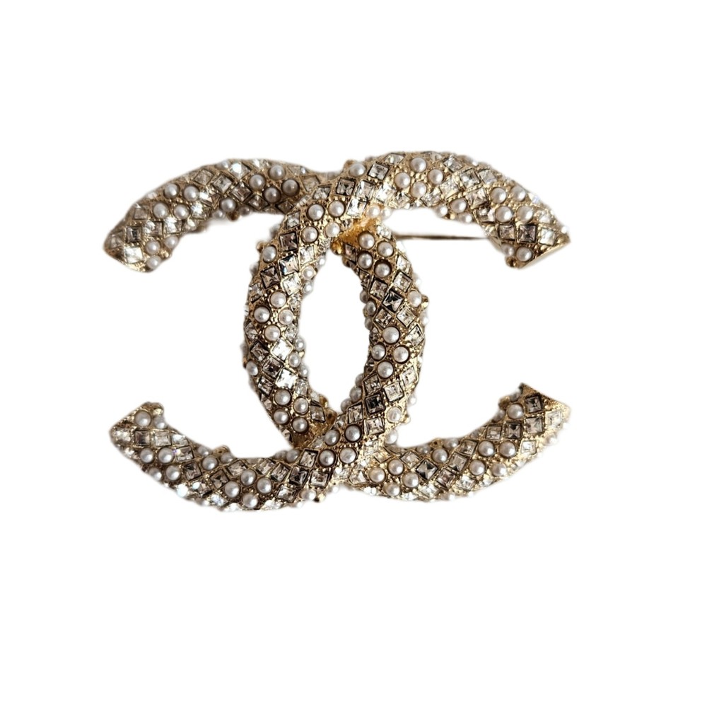 Chanel Gold-Tone CC Crystal Pearl Embellished Brooch