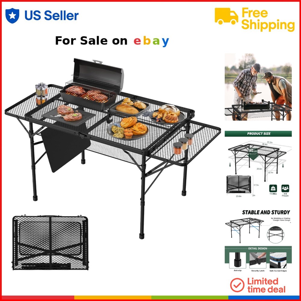 Camping Folding Table 3x2ft Metal Outdoor Picnic BBQ Mesh Storage Adjustable